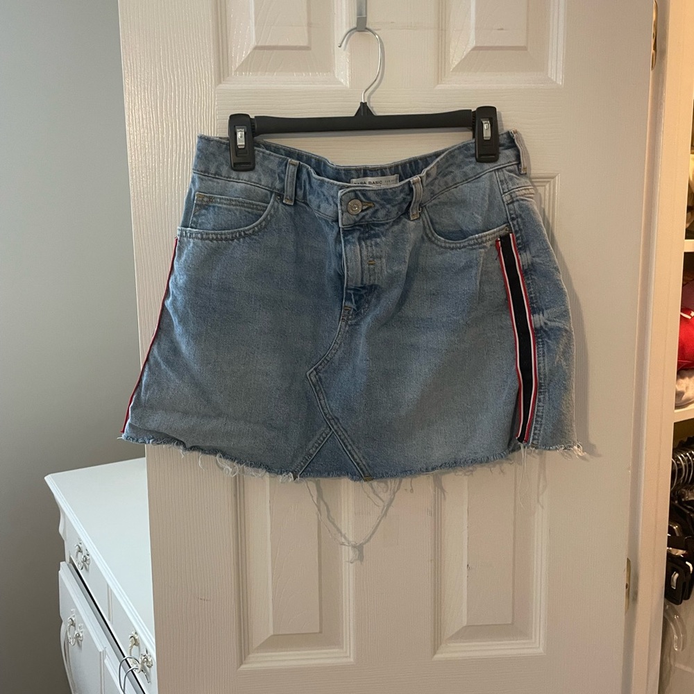 Zara basic denim skirt with red, white, and blue stripes on the side